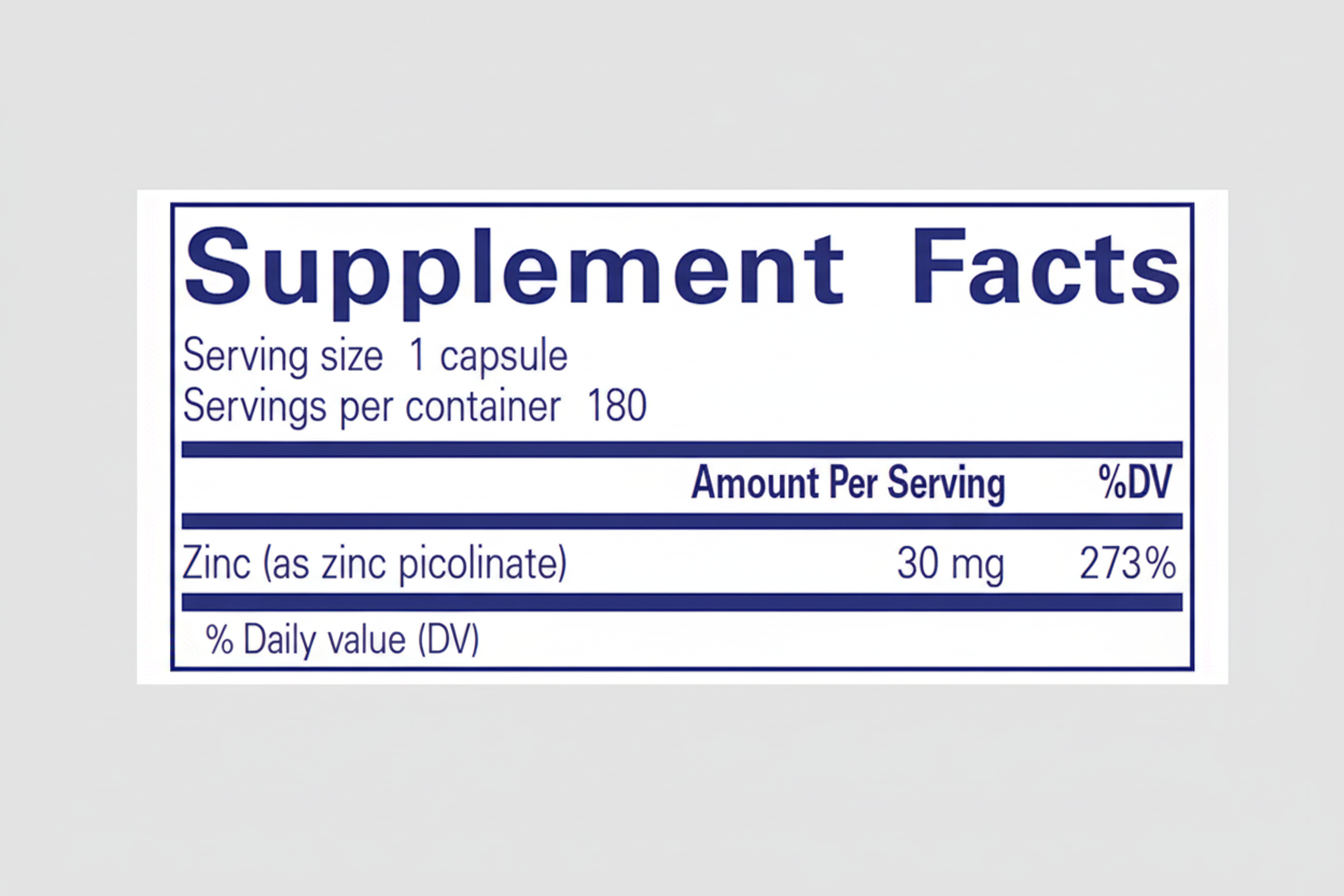 Supplement facts label with zinc content on a blue background