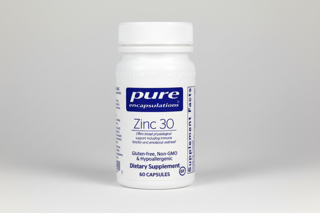 White supplement bottle labeled 'Zinc 30' by Pure Encapsulations on a white background
