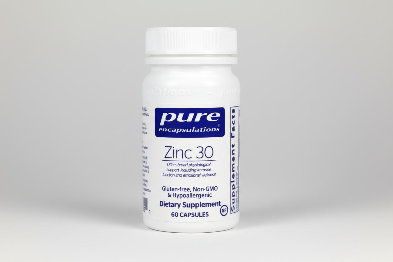 White supplement bottle labeled 'Zinc 30' by Pure Encapsulations on a white background