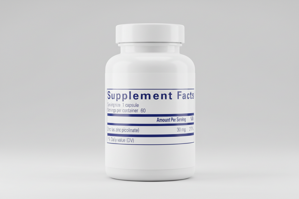Supplement facts label with zinc content on a blue background