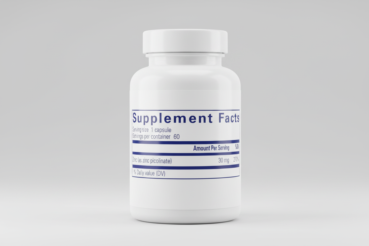 Supplement facts label with zinc content on a blue background