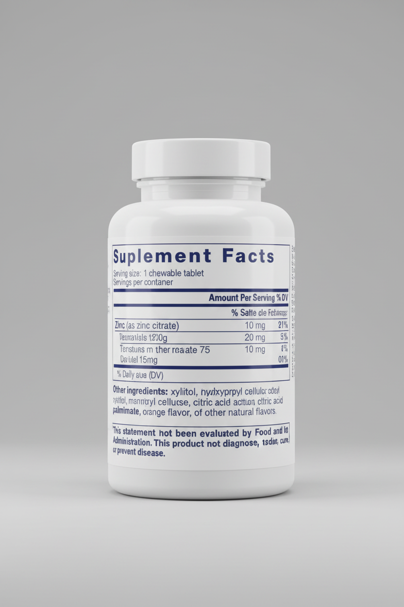 Supplement facts label for a zinc supplement with blue and white text.