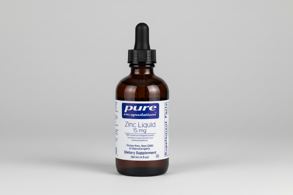 Bottle of pure encapsulations Zinc Liquid supplement on a white background