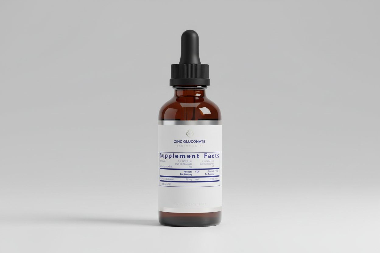 Supplement facts label with detailed information on zinc content and serving sizes.