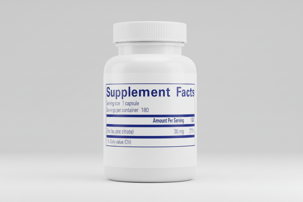 Supplement facts label with zinc content on a blue background