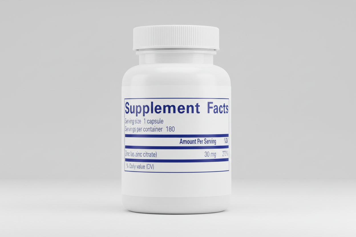 Supplement facts label with zinc content on a blue background