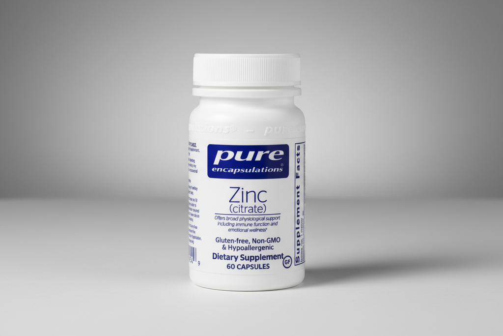 Supplement bottle labeled 'pure encapsulations Zinc (citrate)' on a white background