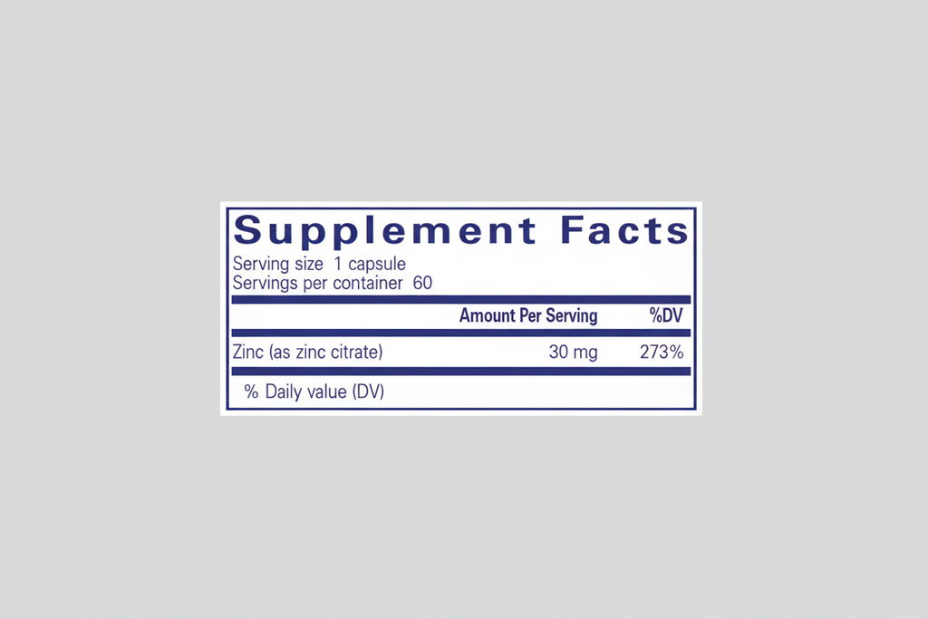 Supplement facts label with zinc content on a blue background