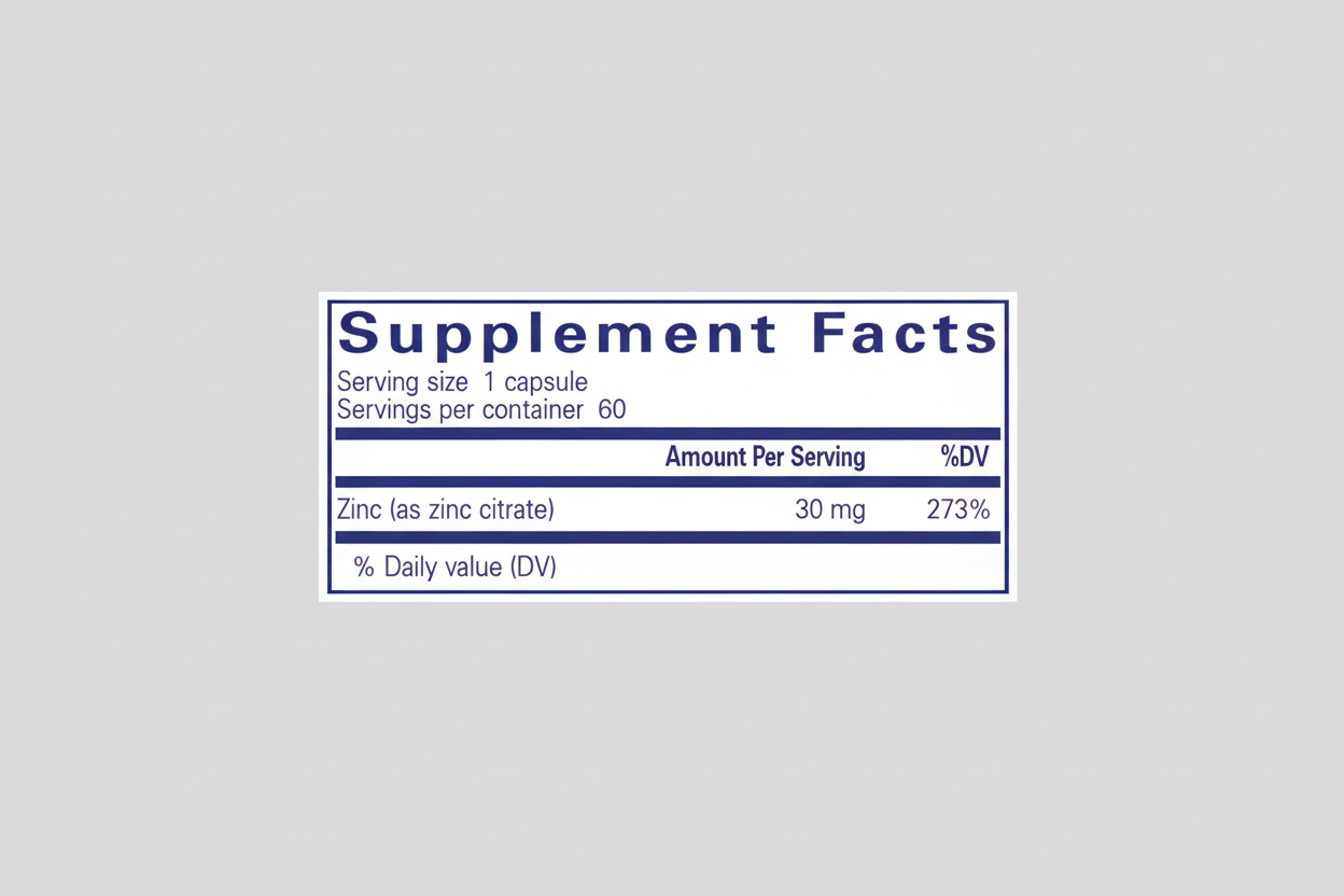 Supplement facts label with zinc content on a blue background