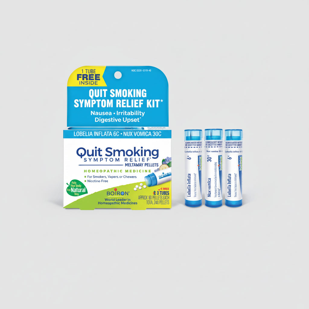 Quit Smoking Symptom Relief Kit packaging with three tubes on a white background