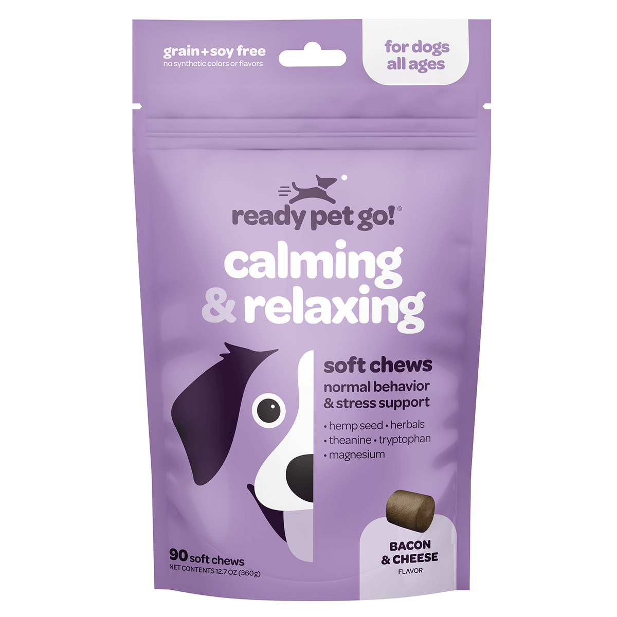 Ready Pet Go Calming and Relaxing bacon and cheese 60 soft chews front label