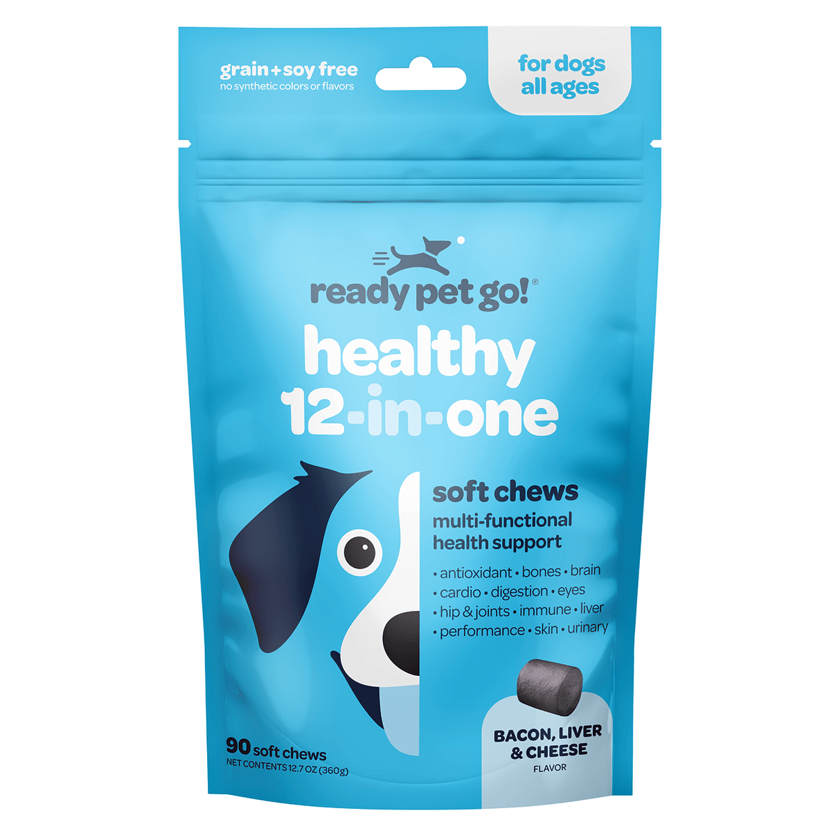 Ready Pet Go Healthy 12-in-One bacon liver and cheese 60 soft chews front label