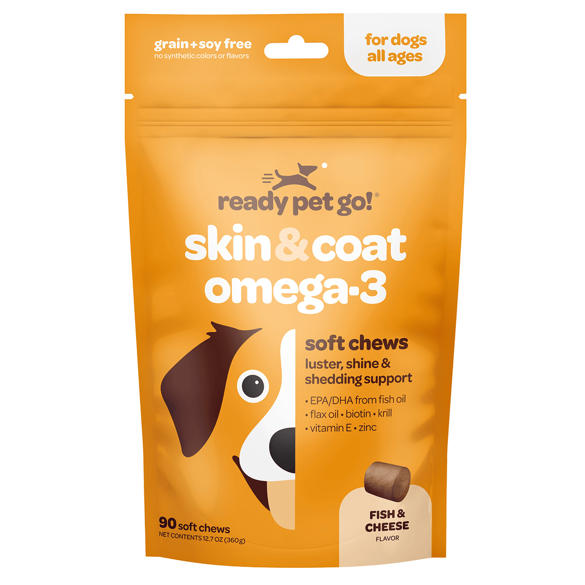 Ready Pet Go Skin and Coat Omega-3 fish and cheese 60 soft chews front label