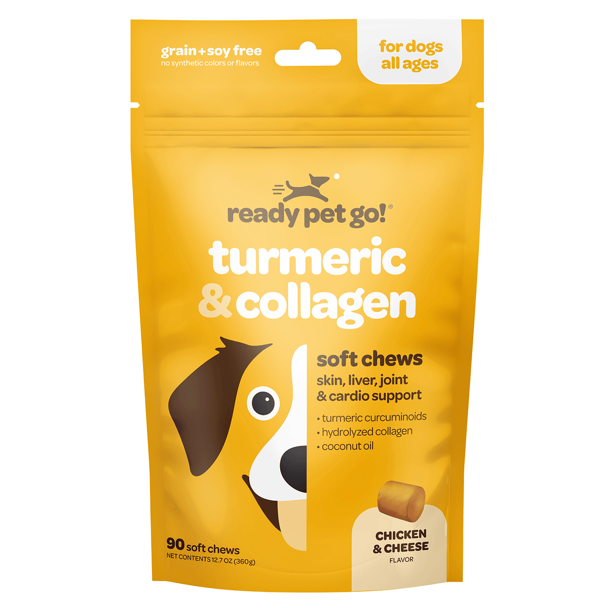 Ready Pet Go Turmeric and Collagen chicken and cheese 60 soft chews front label