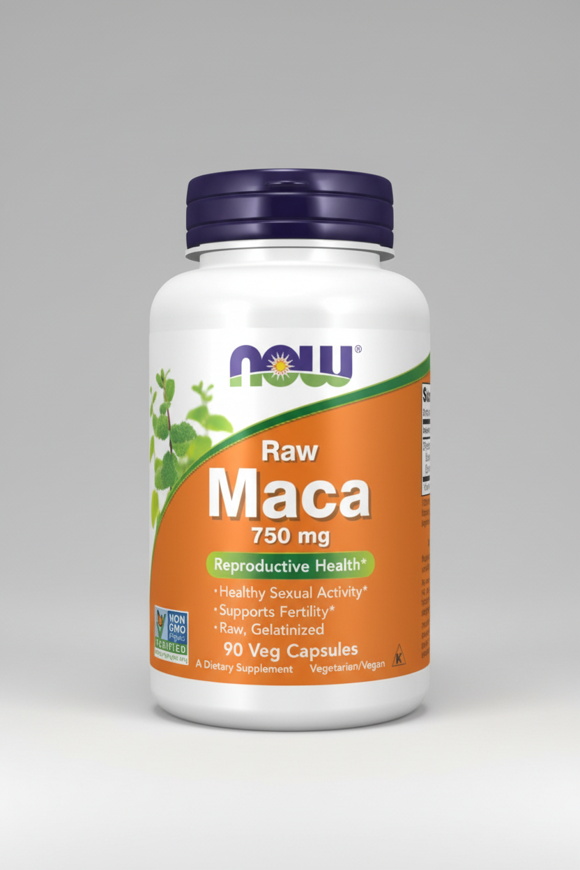 Supplement bottle labeled 'Raw Maca 750 mg' by NOW on a white background