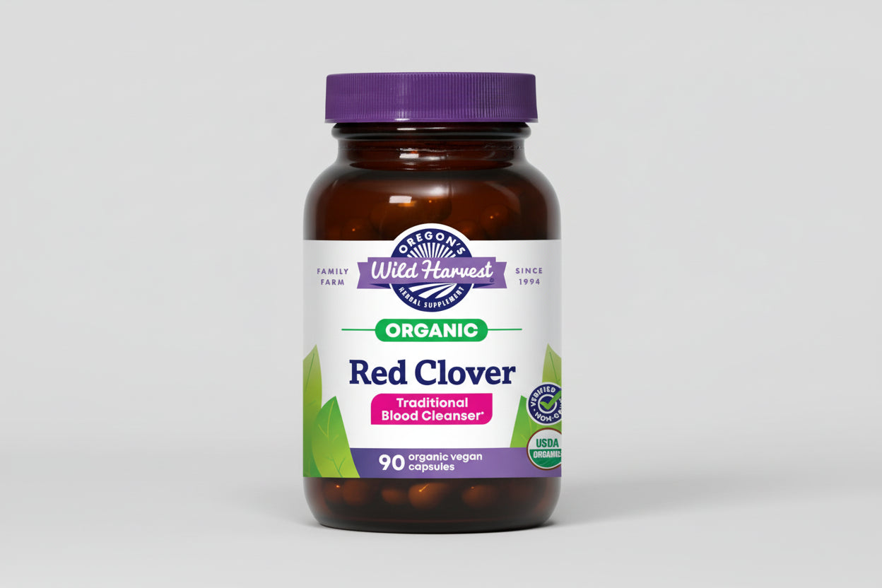 Oregon's Wild Harvest Organic Red Clover supplement bottle with purple cap