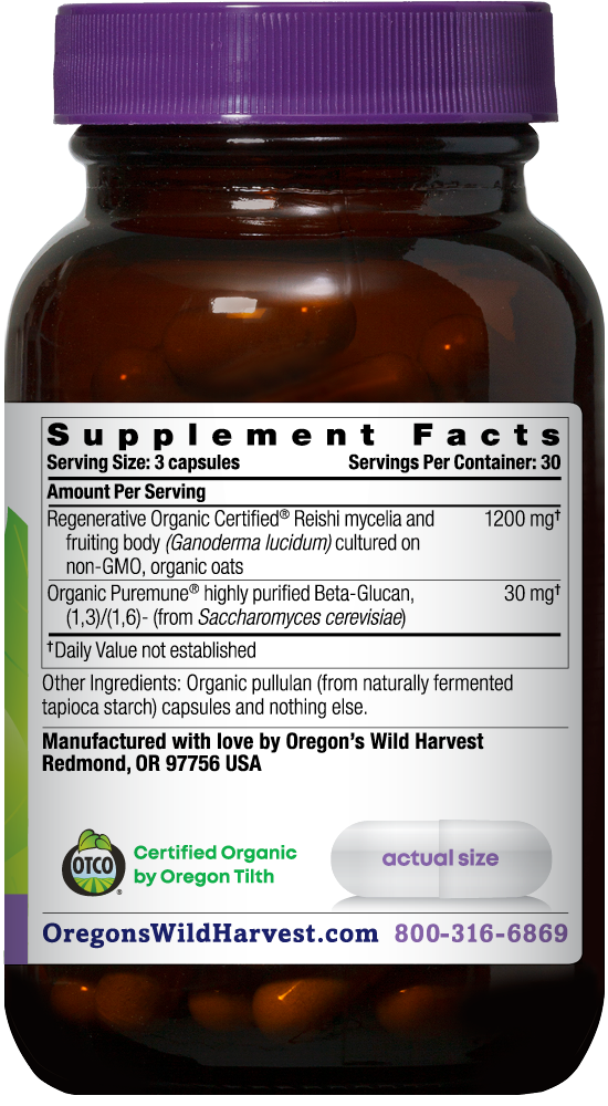 Oregon's Wild Harvest Reishi Regenerative Organic 90 Capsules right side