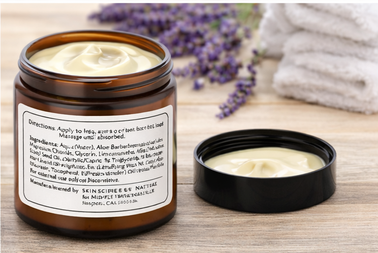 Jar of cream with a label on a wooden surface with lavender flowers and towels in the background