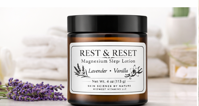 Jar of Rest & Reset magnesium sleep lotion with lavender and vanilla on a blurred background