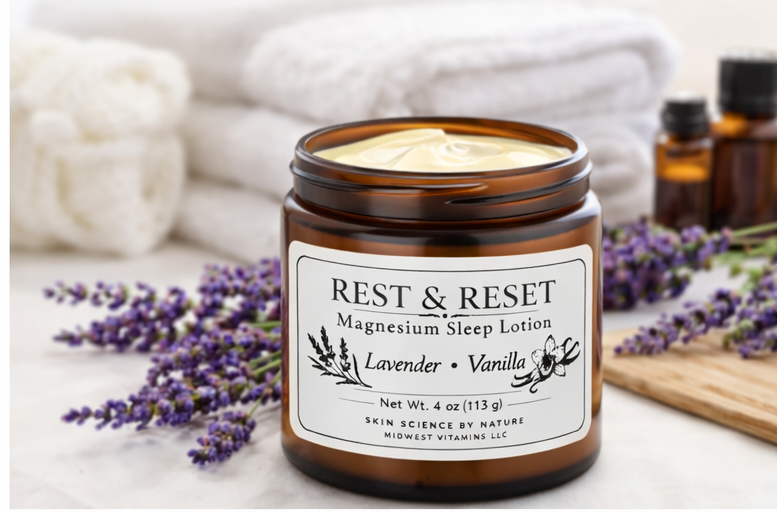 Jar of 'Rest & Reset' magnesium sleep lotion with lavender and vanilla scent on a table with lavender flowers.