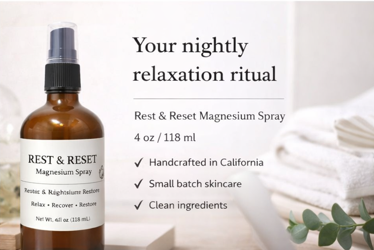 Brown spray bottle labeled 'Rest & Reset Magnesium Spray' with product details on a white background.