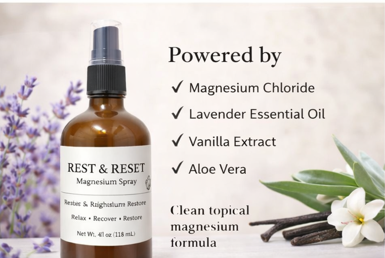 REST & RESET magnesium spray bottle with ingredients listed on a light background