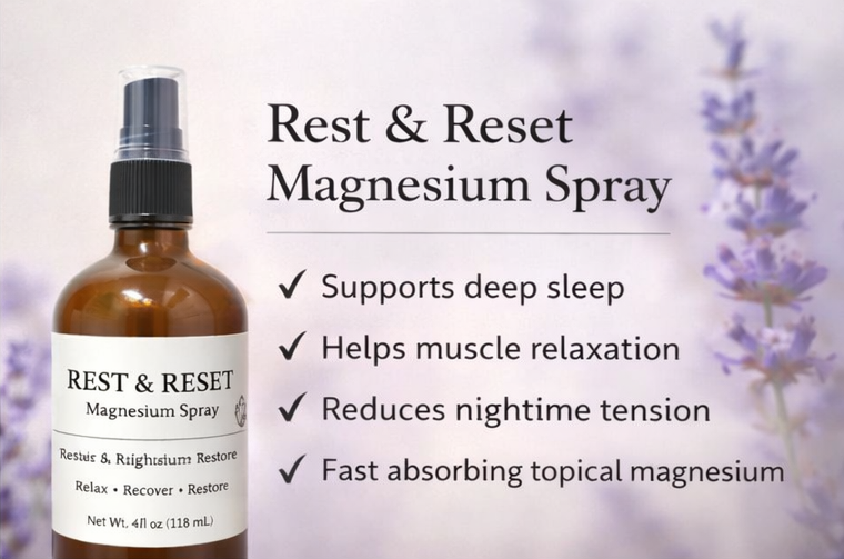 Bottle of Rest & Reset Magnesium Spray with lavender flowers in the background