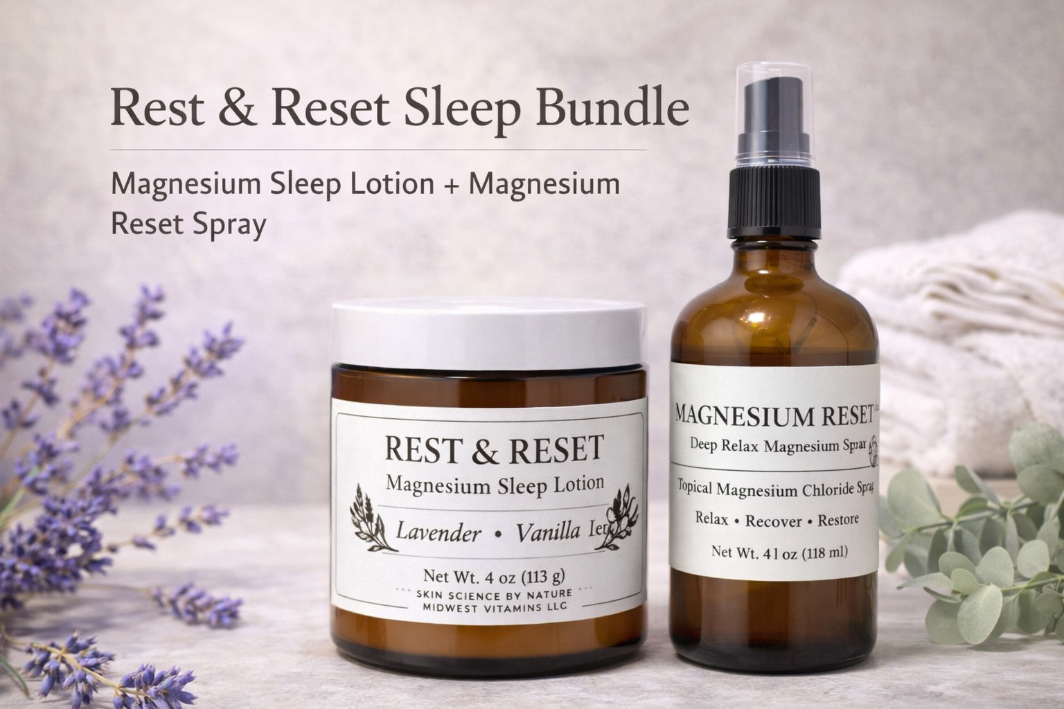 Rest & Reset sleep bundle with lotion and spray on a neutral background