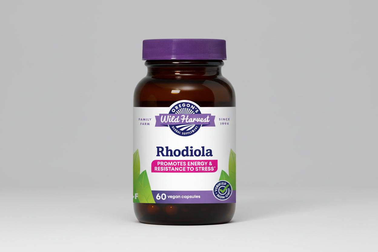 Oregon's Wild Harvest Rhodiola supplement bottle with purple cap and label.