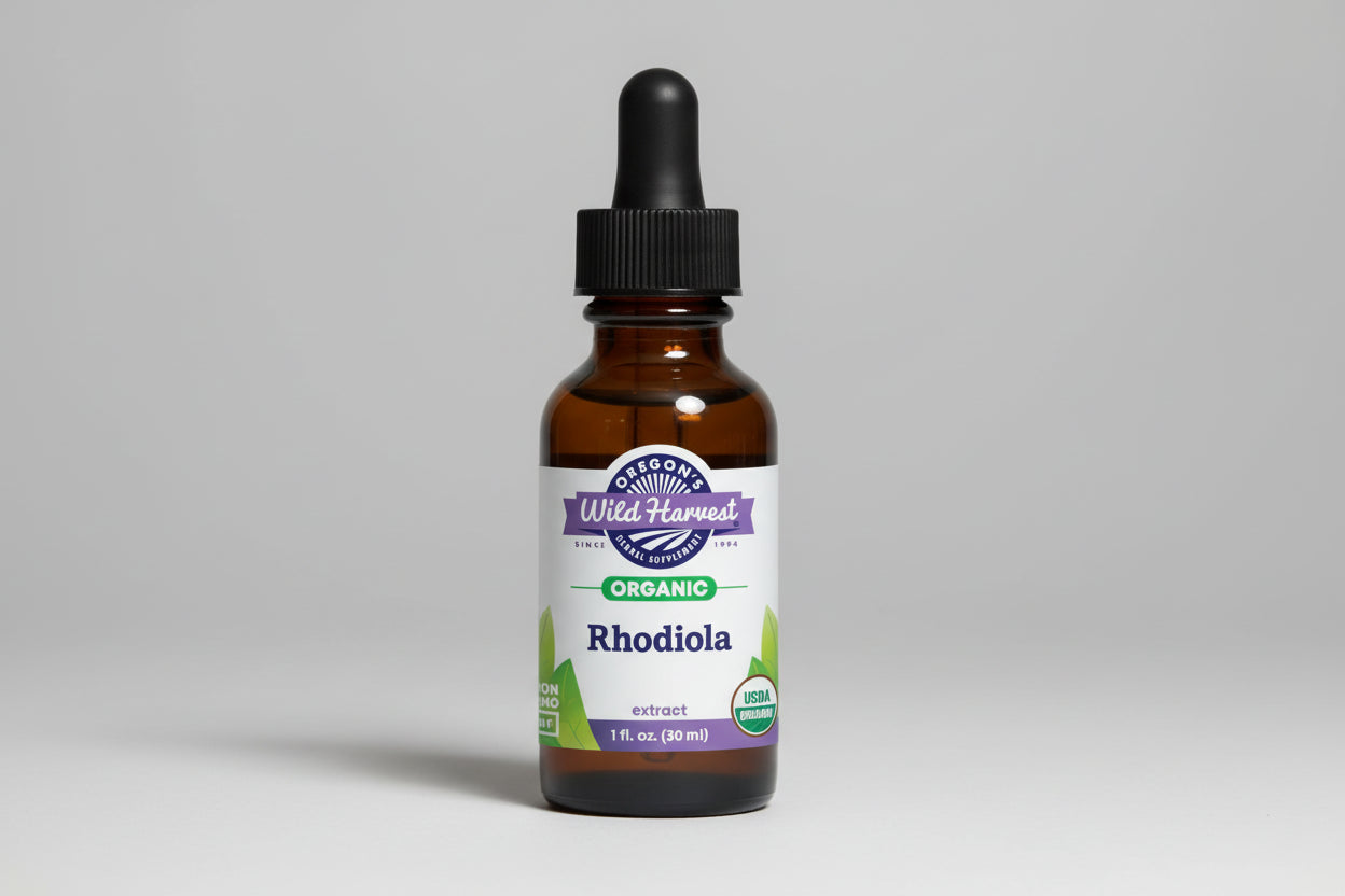 Bottle of Oregon's Wild Harvest Organic Rhodiola extract on a white background
