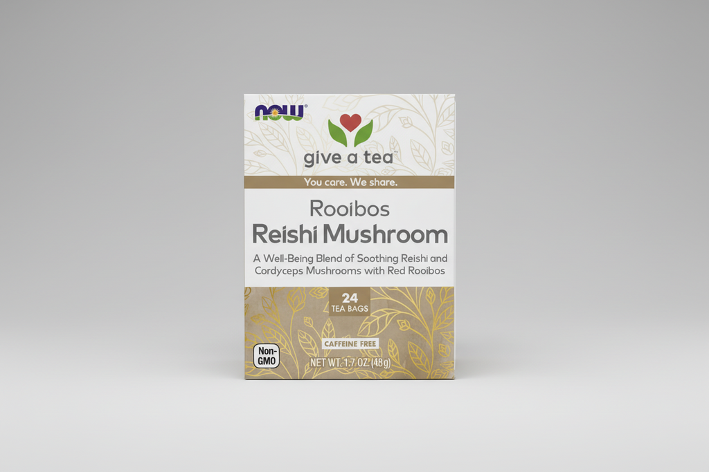 Box of Now Foods Rooibos Reishi Mushroom tea with branding and product details.