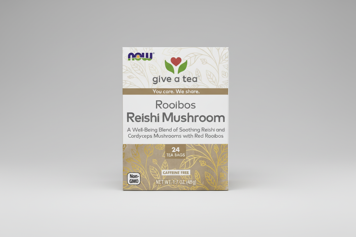 Box of Now Foods Rooibos Reishi Mushroom tea with branding and product details.