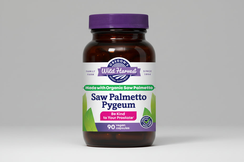 Vitamin supplement bottle labeled 'Saw Palmetto Pygeum' with a purple cap and label.