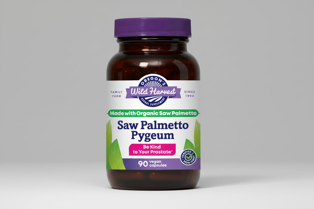 Vitamin supplement bottle labeled 'Saw Palmetto Pygeum' with a purple cap and label.