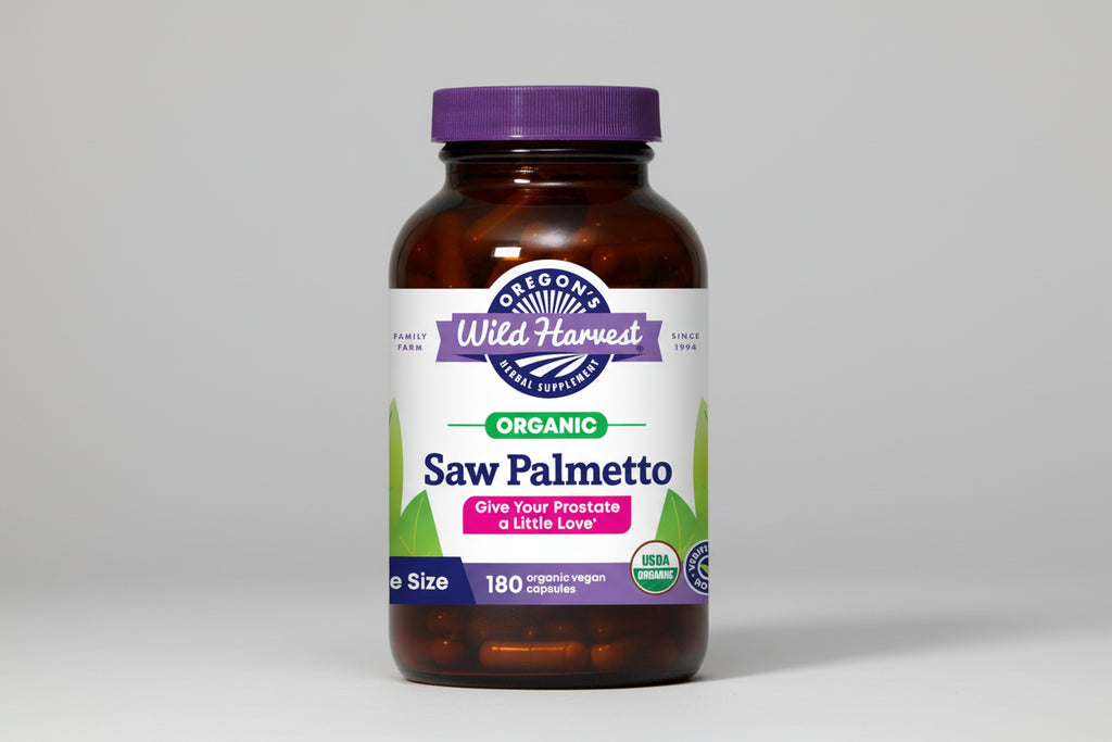 Oregon's Wild Harvest Organic Saw Palmetto supplement bottle on a white background