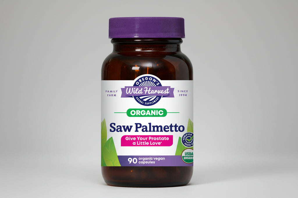 Oregon's Wild Harvest Organic Saw Palmetto supplement bottle with purple cap