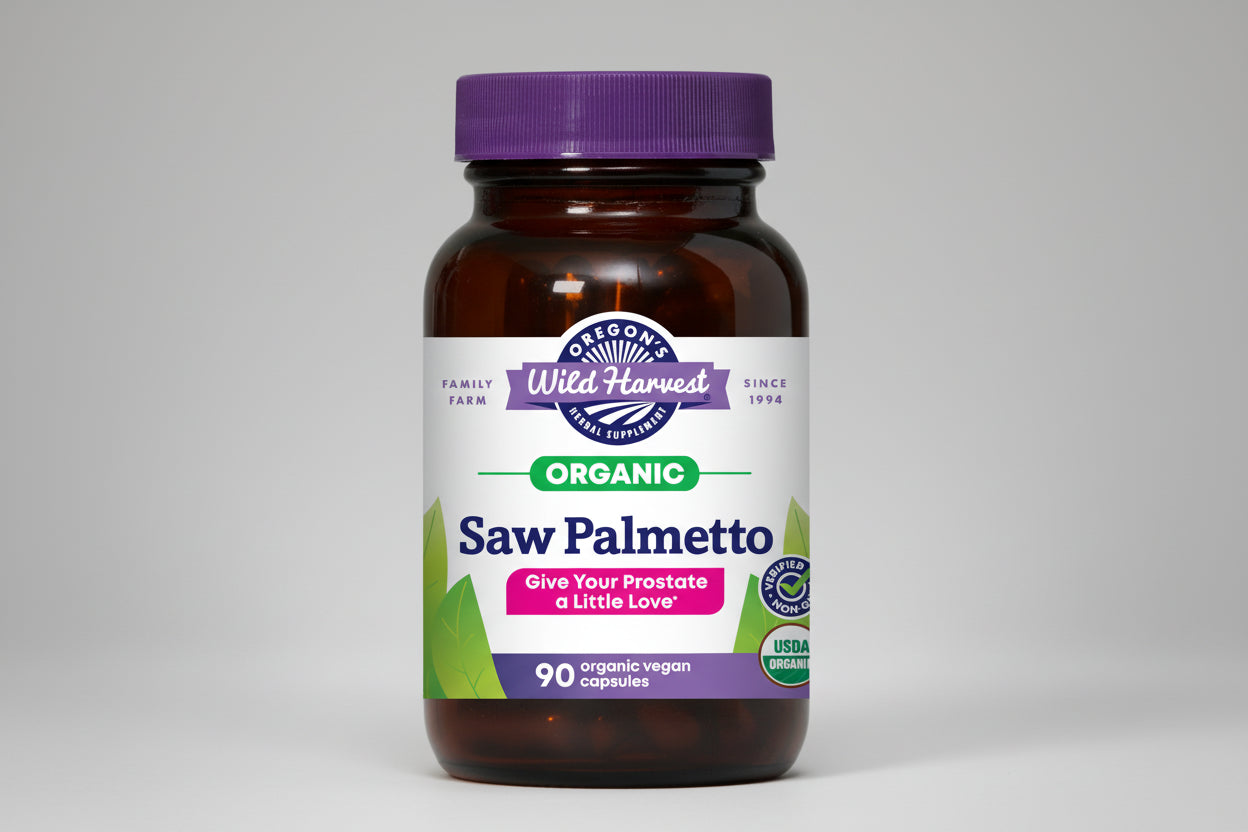 Oregon's Wild Harvest Organic Saw Palmetto supplement bottle with purple cap