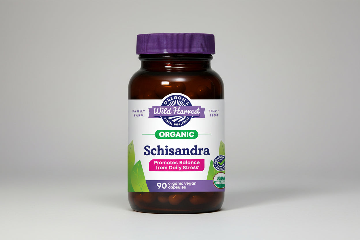 Oregon's Wild Harvest Schisandra supplement bottle with purple cap and label.