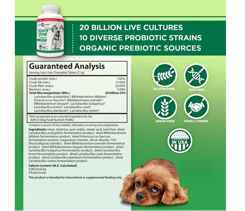 Vital Planet Flora DOG Probiotic 20B 10 Strain 60ct | Dog Gut Value