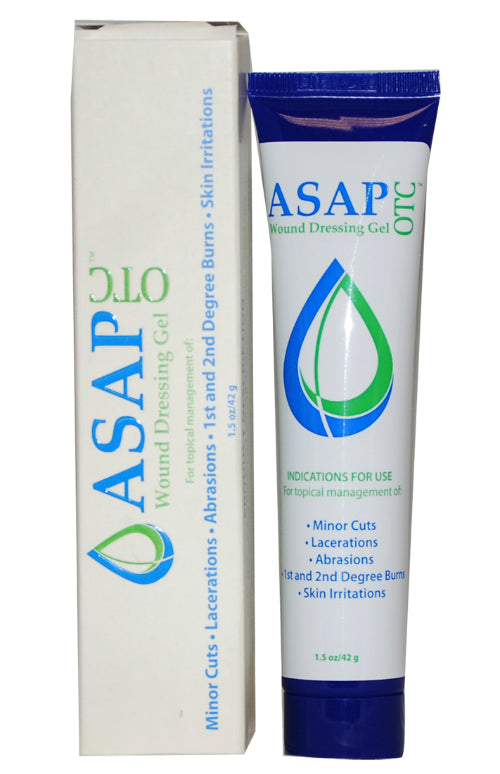 ASAP OTC wound dressing gel tube and packaging on a white background