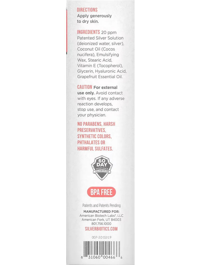 Back label of a skincare product with text and branding on a white background