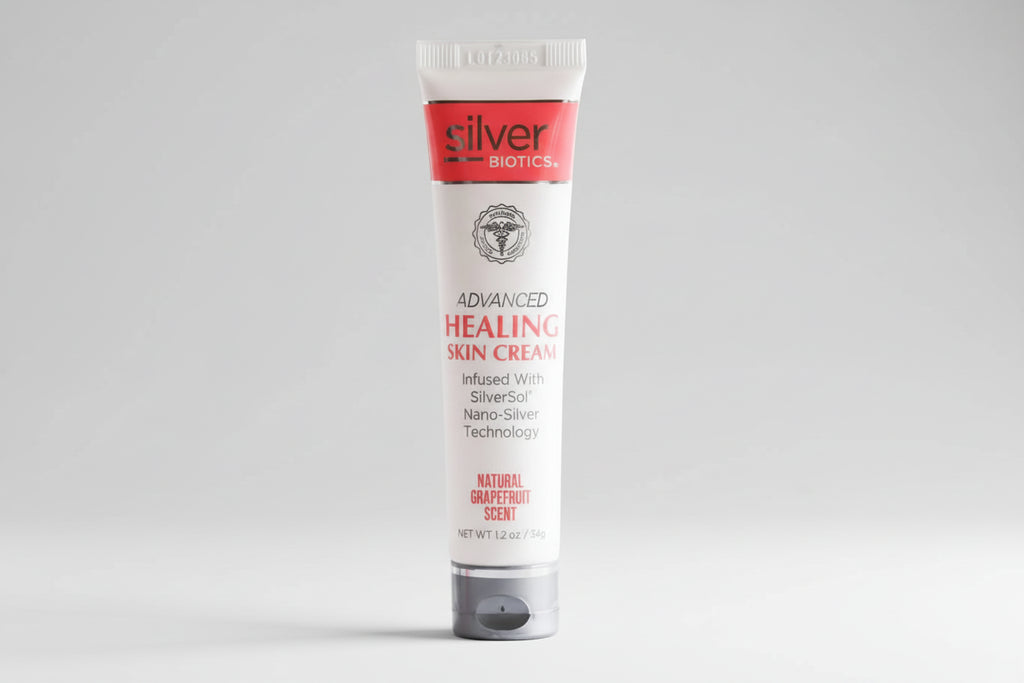 Tube of Silver Biotics Advanced Healing Skin Cream on a white background