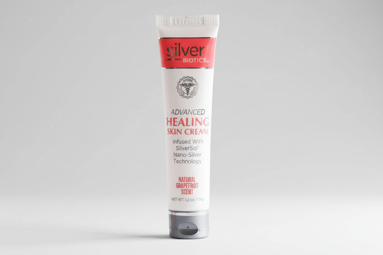 Tube of Silver Biotics Advanced Healing Skin Cream on a white background