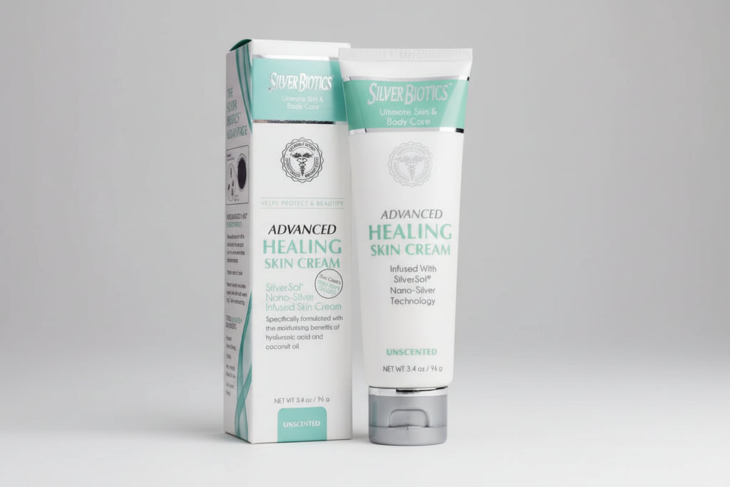 Silver Biotics Advanced Healing Skin Cream packaging and tube on a white background