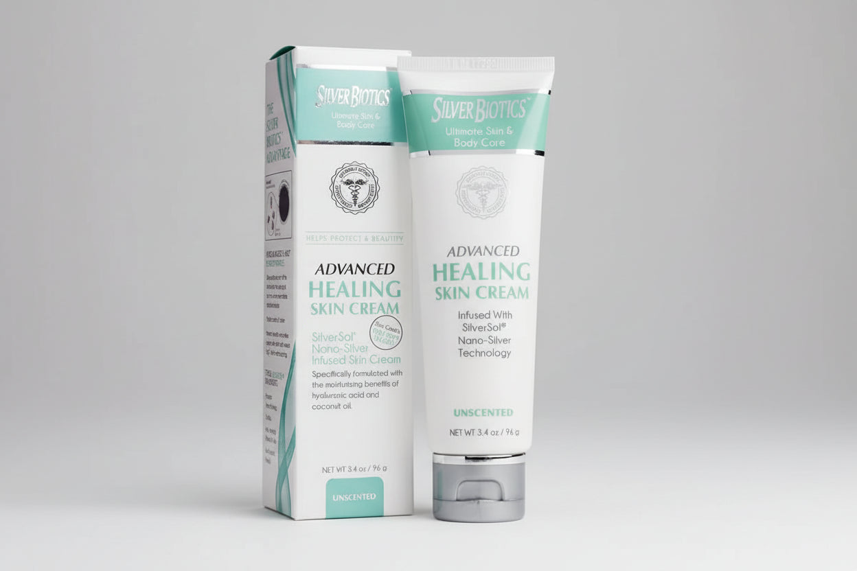 Silver Biotics Advanced Healing Skin Cream packaging and tube on a white background