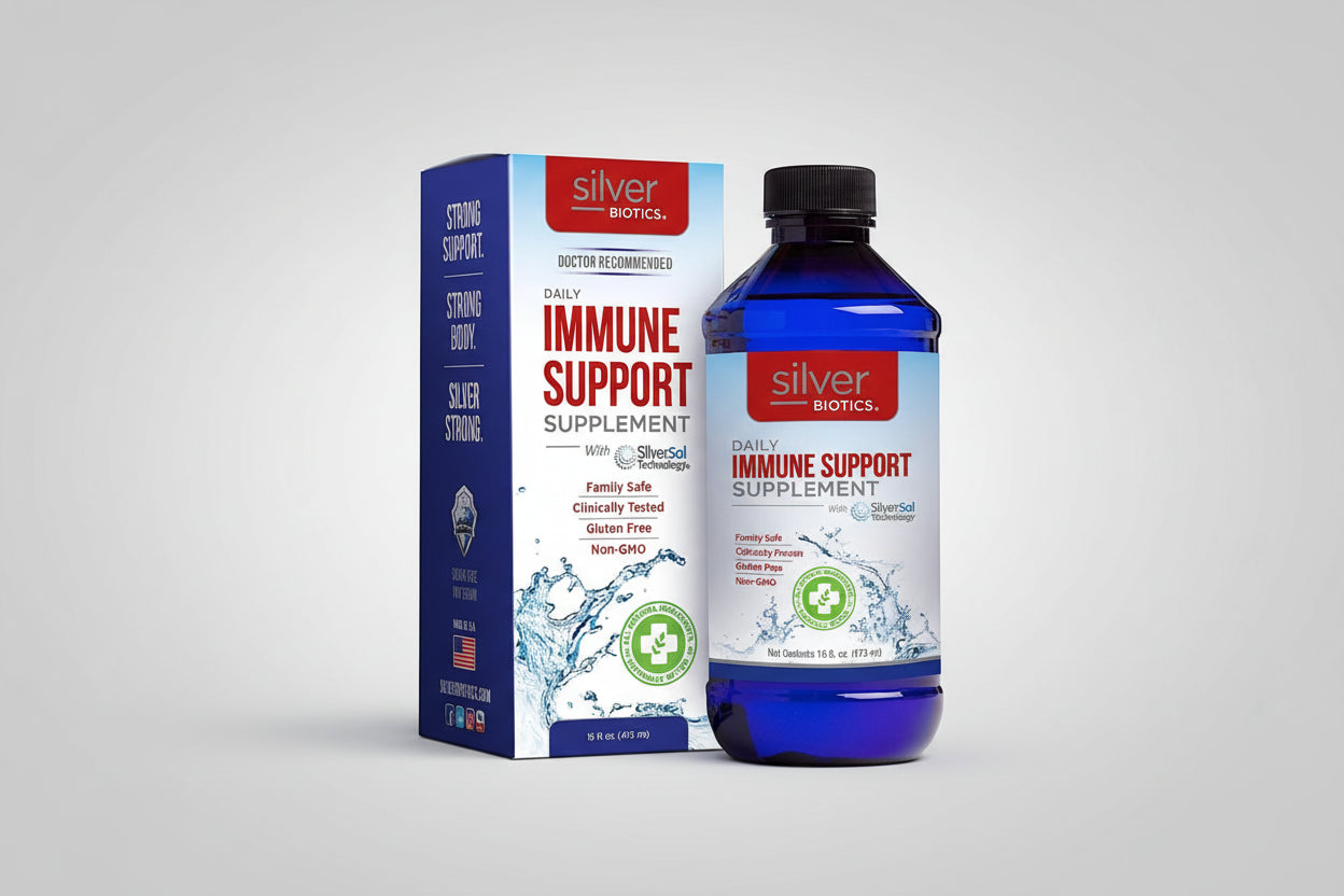 Silver Biotics immune support supplement bottle and packaging on a white background