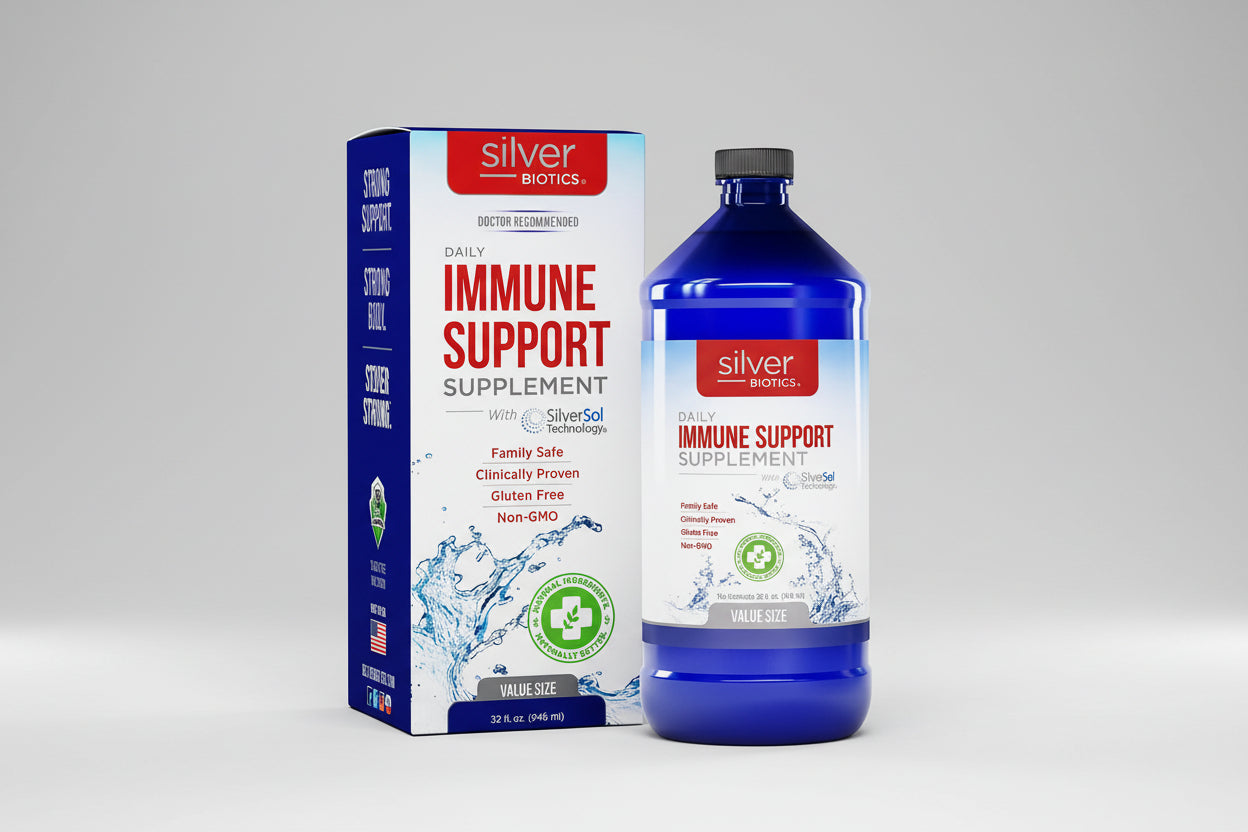 Silver Biotics immune support supplement bottle and packaging on a white background