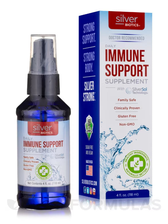 Immune support supplement bottle and packaging by Silver Biotics on a white background