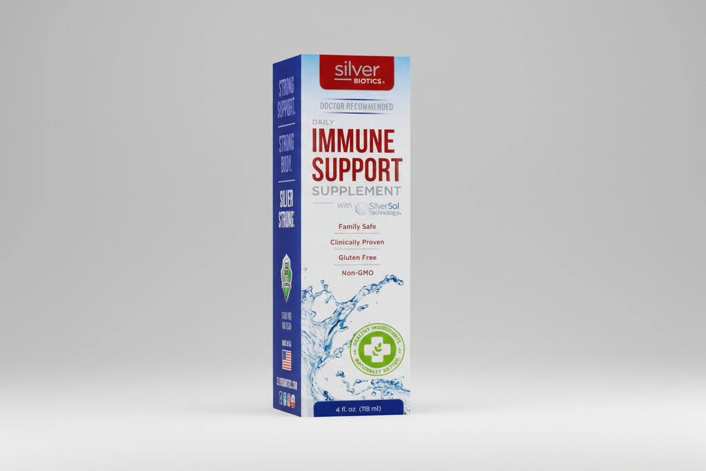 Box of Silver Biotics immune support supplement on a white background