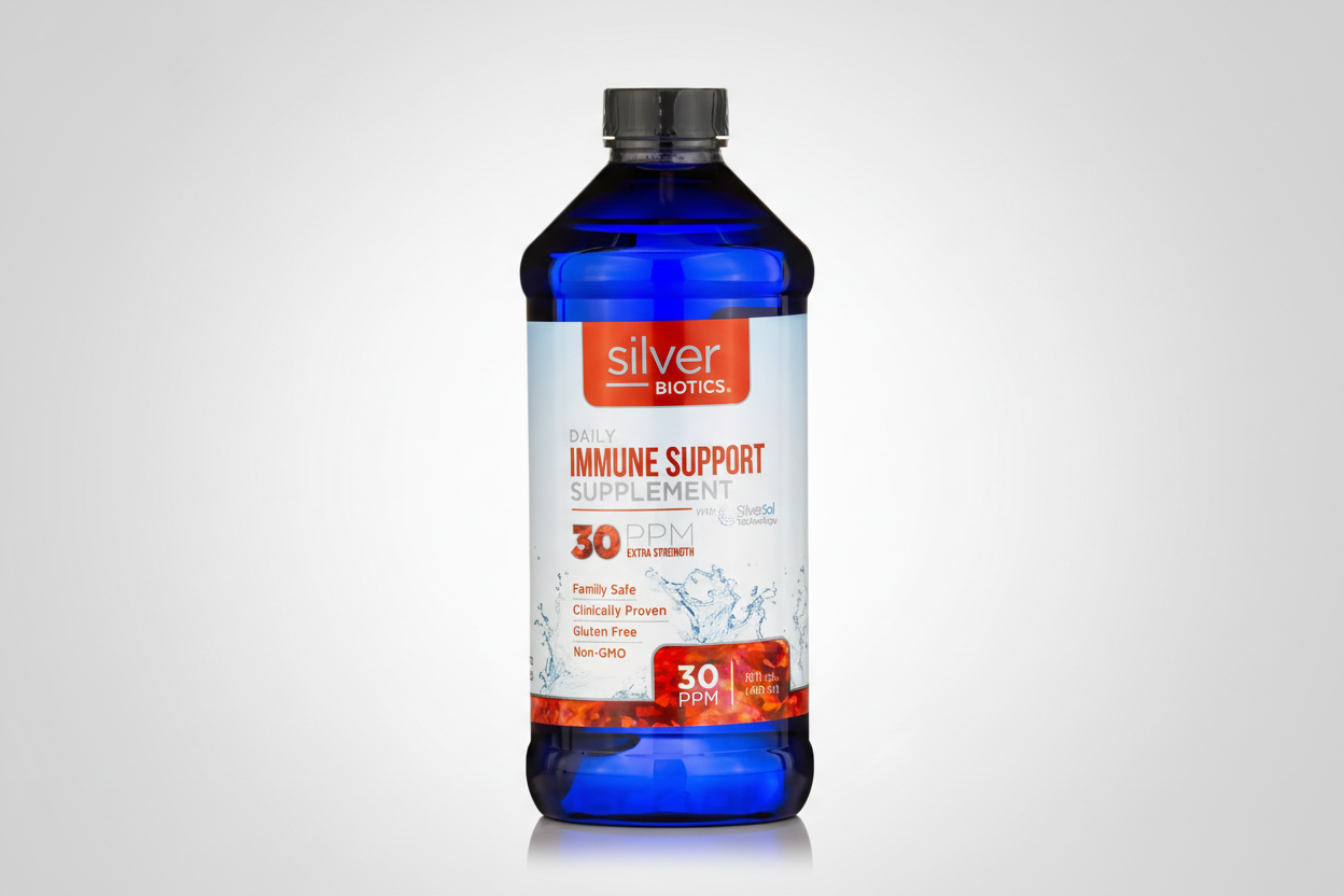 Bottle of Silver Biotics immune support supplement on a white background